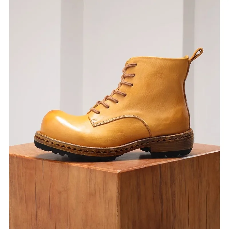 

Men Black Winter Lace Up Motorcycle Boots Vintage Work Boots Casual Horse Leather Ankle Boots