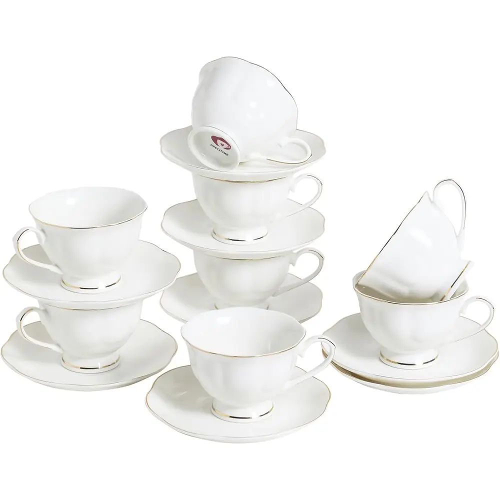 

White Ceic Tea Cup and Saucer Set o 8 (16-Piece) - 6oz Elegant Porcelain Cups with Gold Rim, 8 Cups & 8 Saucers or Tea Party