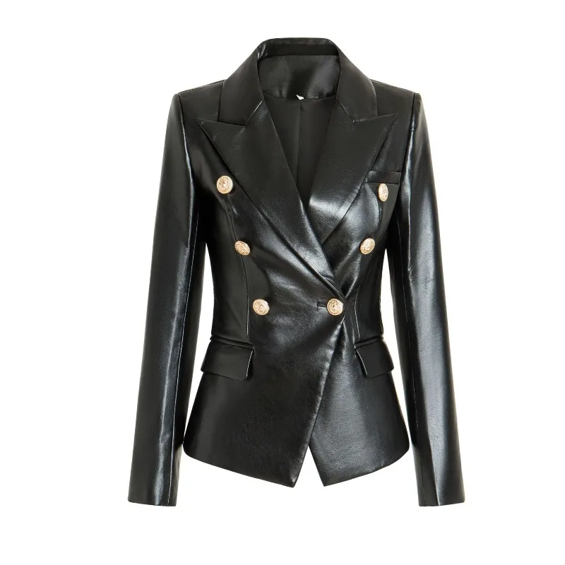 Blouse Outerwear Faux Leather Jacket Women's Autumn/Winter Black Long Sleeves Commuter Style Notched Lapel Slim Fit Minimalist