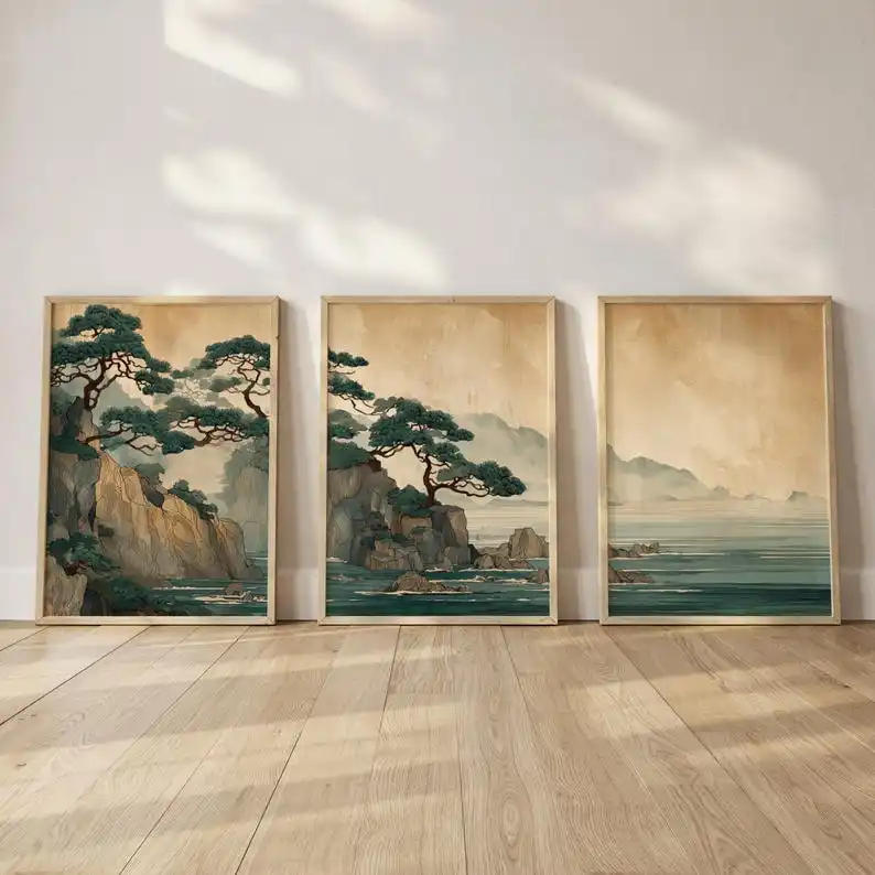 3pcs Retro Japanese Cliff & Ocean Canvas Wall Art Prints, Unframed Japandi Zen Canvas Art for Living Room and Bedroom Decortions