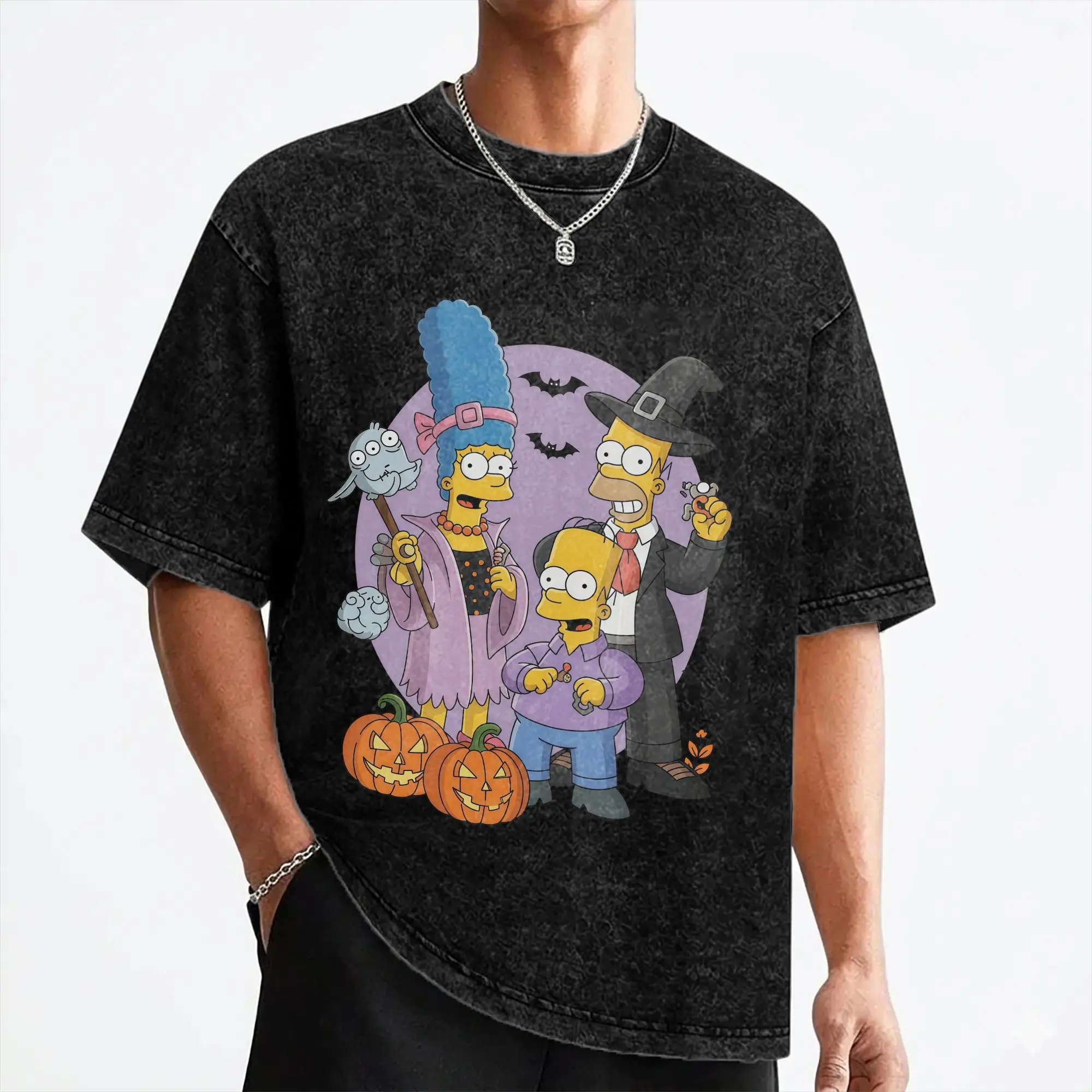 Cartoon S-Simpsons Halloween T Shirts Washed Cotton Oversize T-Shirt  Novelty Men Women Streetwear Graphic Printed Tee Shirt