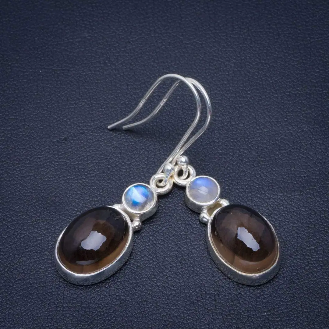 StarGems® Natural Smoky Quartz and Rainbow Moonstone Handmade Unique 925 Sterling Silver Earrings 1.5