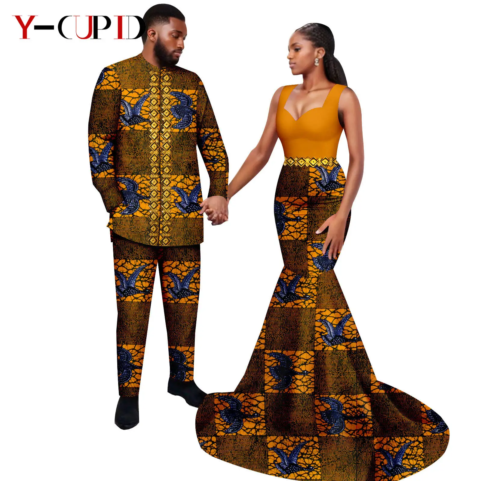 African Print Long Mermaid Dresses for Women Matching Couple Clothes Dashiki Men Outfits Appliques Top and Pant Sets 24C083