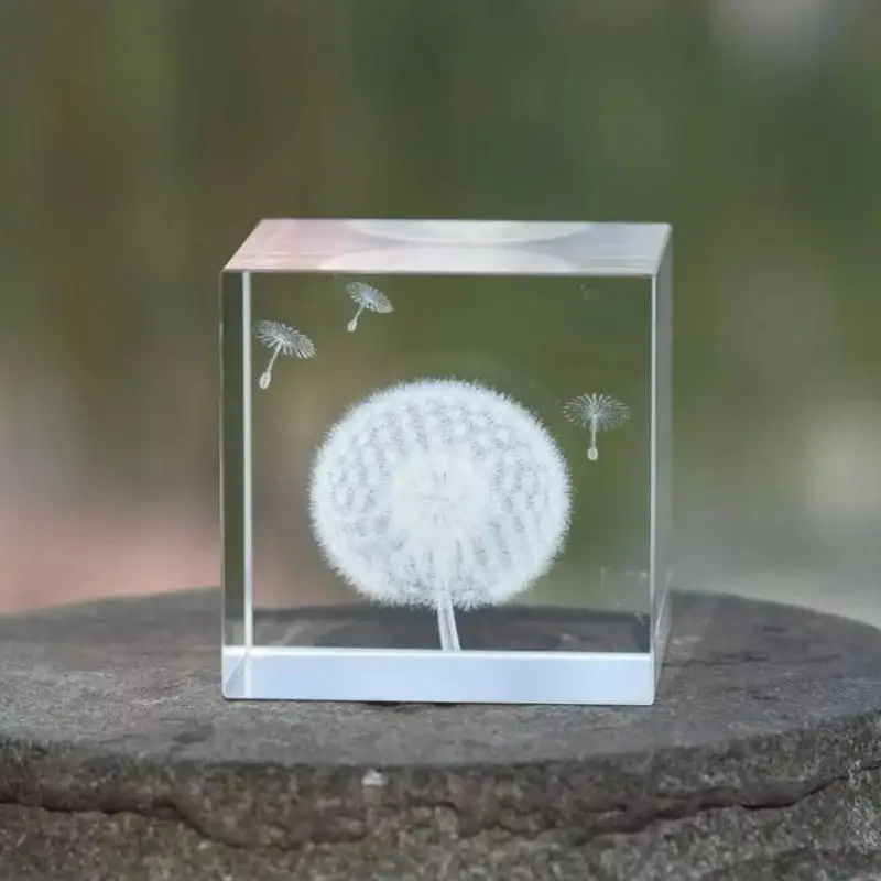 1Pc 3D Laser Engraved Cube Crystal Dandelion Figurine White DIY Natural Stone Mineral Souvenir Craft Home Decoration