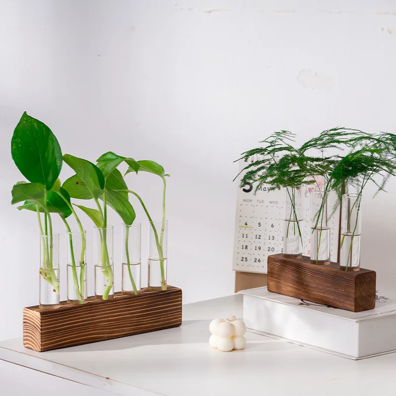 3-Tube Glass Propagation Vase, Wall Mounted Hydroponic Pot with Wooden Stand, Stylish Home Office Garden Ornament