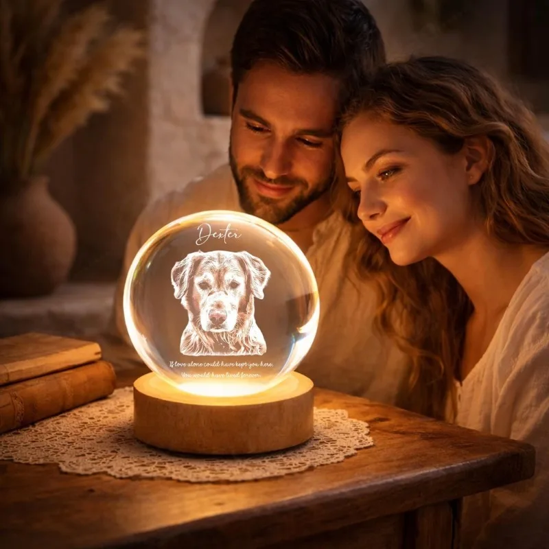 Personalized Pet Photo Crystal Ball Night Light USB Supply DIY Wording Souvenir Gift for Cat Lovers Family Remembrance