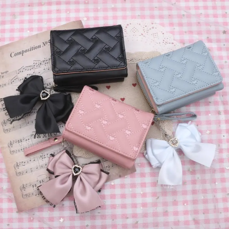 Lolita Sweet Purse with Handmade Bow Pendant Pu Leather Embroidery Three Fold Large Capacity Wallet Women Lolita Jirai Wallet