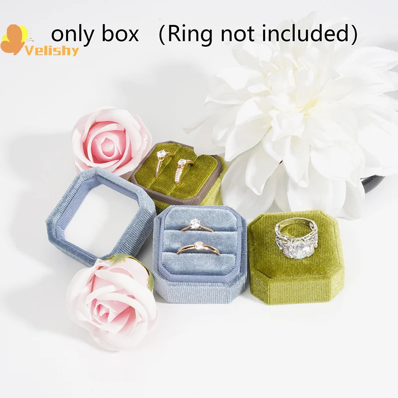 

1Pc Velvet Ring Box Double Ring Box With Detachable Lid 2 Slots Octagon Ring Display Holder Case For Engagement Wedding Proposal