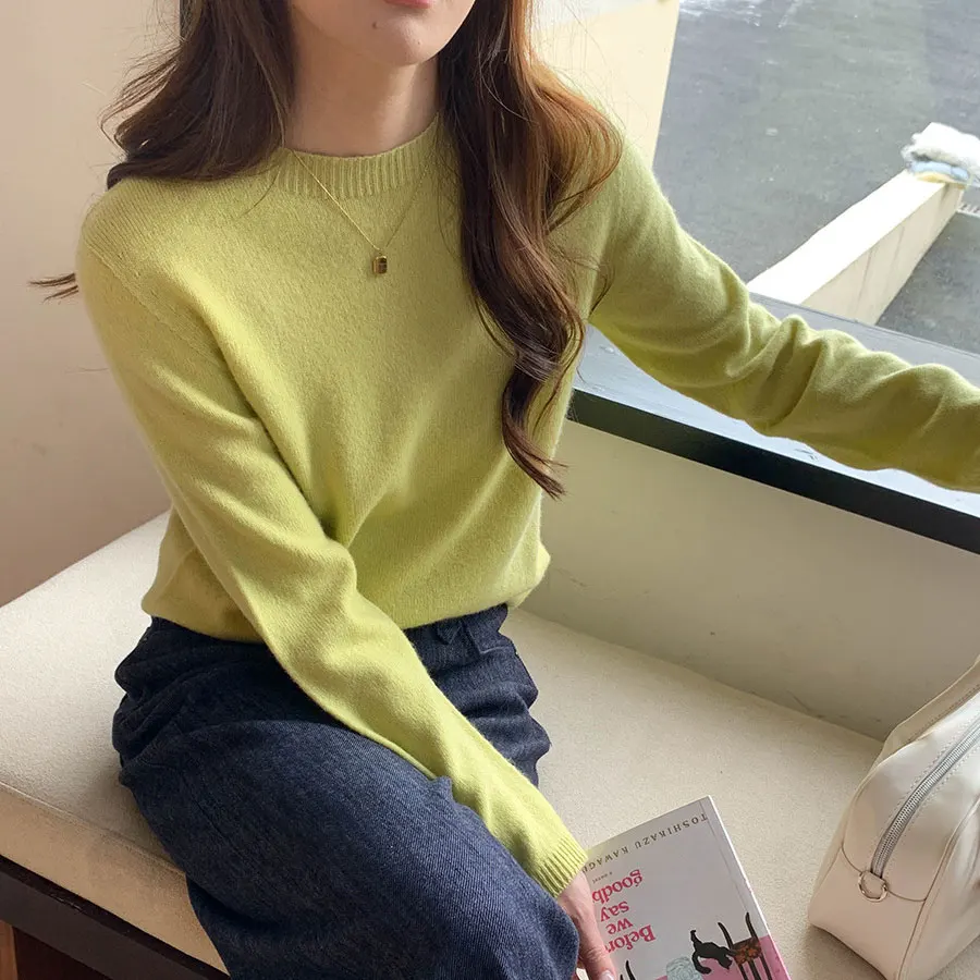 

Women O-Neck Knitted Sweater Long Sleeve 100% Wool Pullovers Autumn Clothes Tops For Women Fashion Korean Clothing