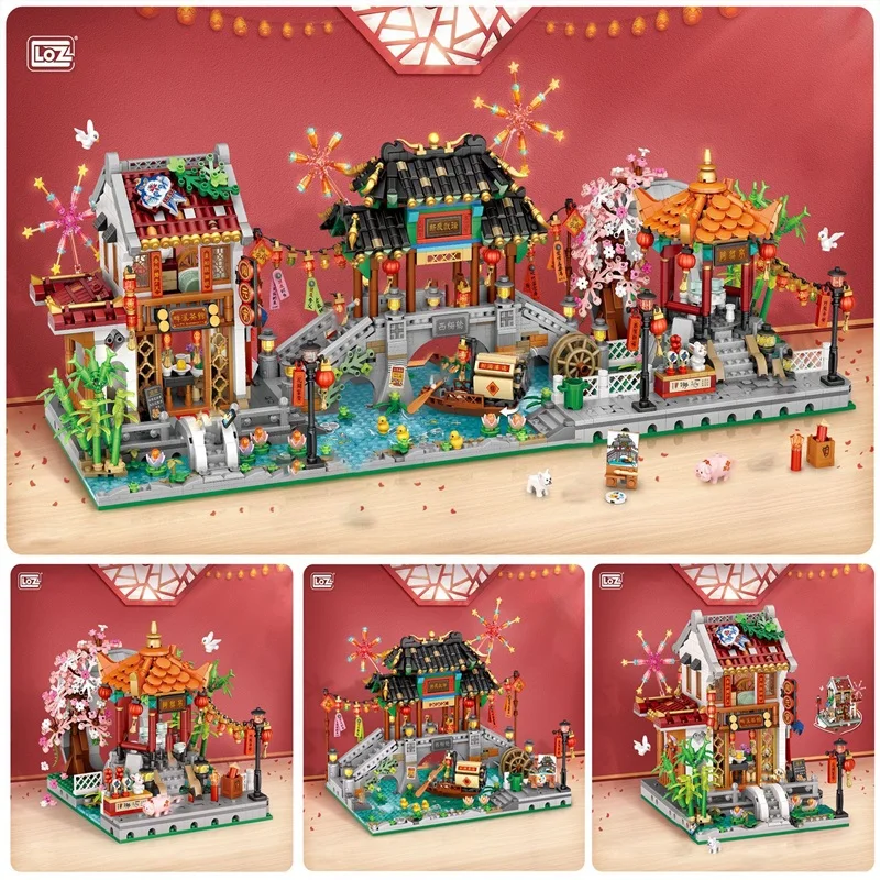 LOZ country tide series of Jiangnan water village pavilion ancient house children\'s building blocks toys Spring Festival gift