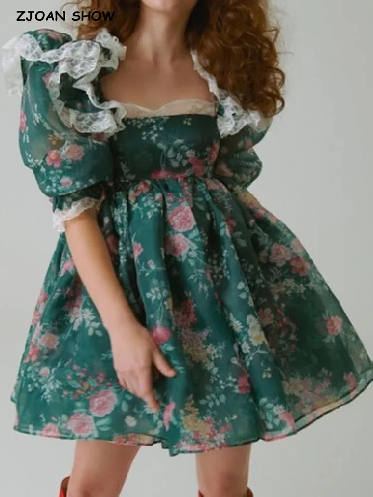 

Princess Retro Green Flower Organza Dress Splice Lace Ruffles Shoulder Half Puff Sleeve Women Ball Gown Fairy Mini Robe Palace