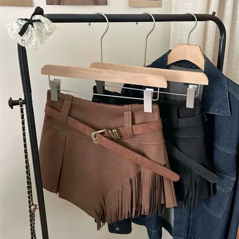 秋と冬の女性用ハイウエストショートスカートフリンジ付きイレギュラースエードAラインスカート