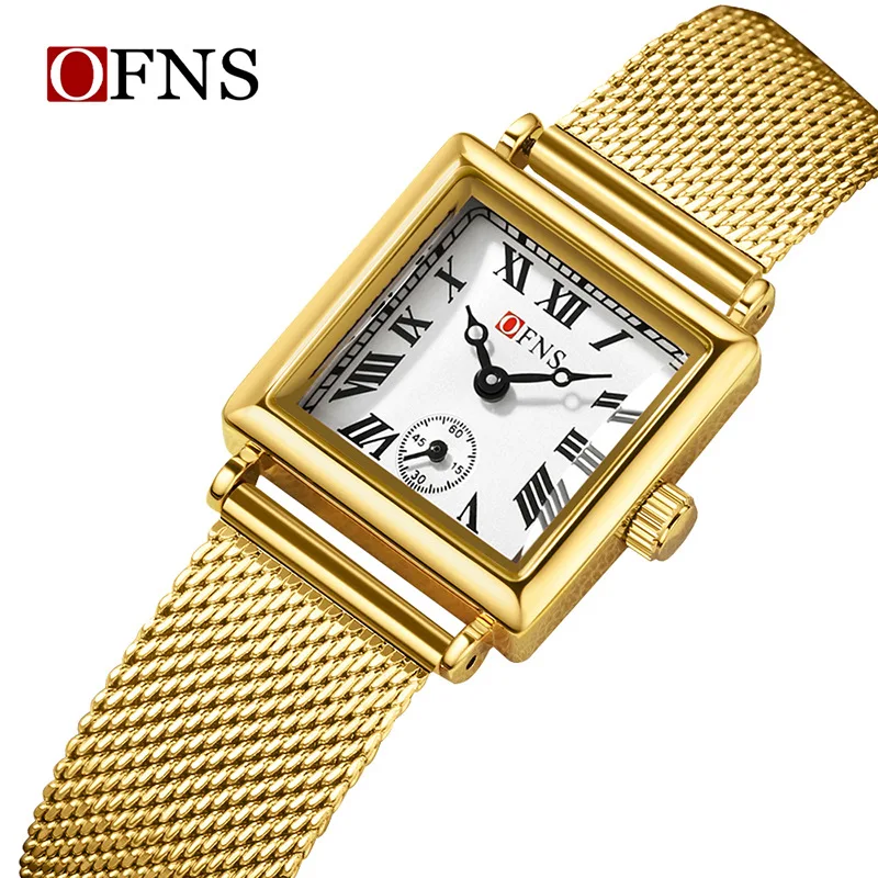 ساعة OFNS 1503 ريترو مربعة صغيرة راقية للأزياء النسائية، ساعة كوارتز نسائية فاخرة بمقياس روماني، مقاومة للماء وبسيطة