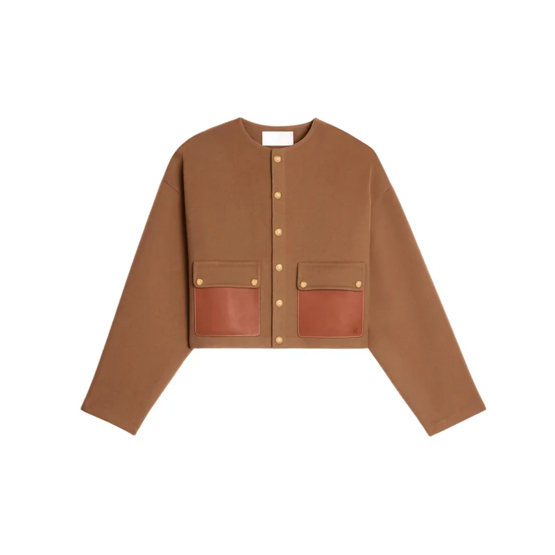 Autumn new, Arc de Triomphe double-sided cashmere leather pocket snap-button cardigan short wool jacket