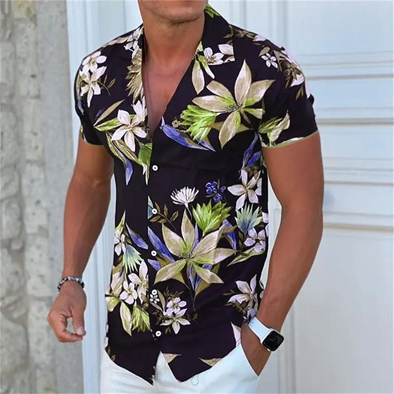 Hawaiian Shirt Men\'s Casual Short Sleeve and 3D Floral Print New Tops Beach Party Shirt