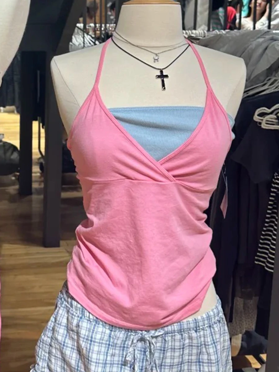Lace-up Halter Tank Tops Women Raspberry Cross V-neck Sleeveless Cotton Slim Crop Top Sweet Simple Basic Backless Camisole Y2K