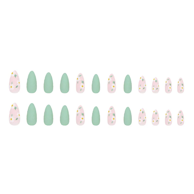 24Pcs Light Green flower False Nails Frosted almond Press on Nail Detachable Design Fake Nails For Women and Girls Nail Art