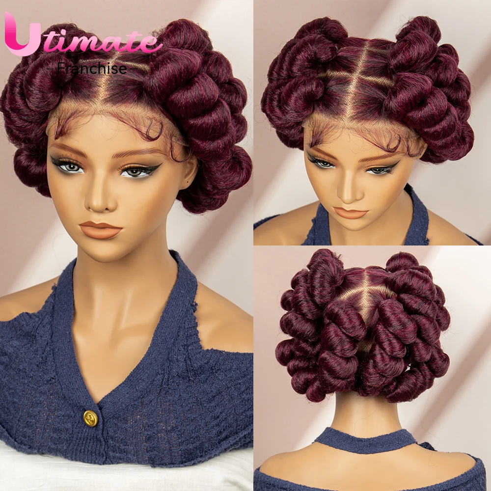 Wig kepang Bantu pendek Burgundy 99J untuk wanita warna hitam dengan rambut bayi ekspansi renda penuh wig Afro