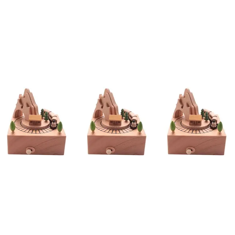 A27F-3X Wooden Musical Box Featuring Mountain Tunnel With Small Moving Magnetic Train Plays