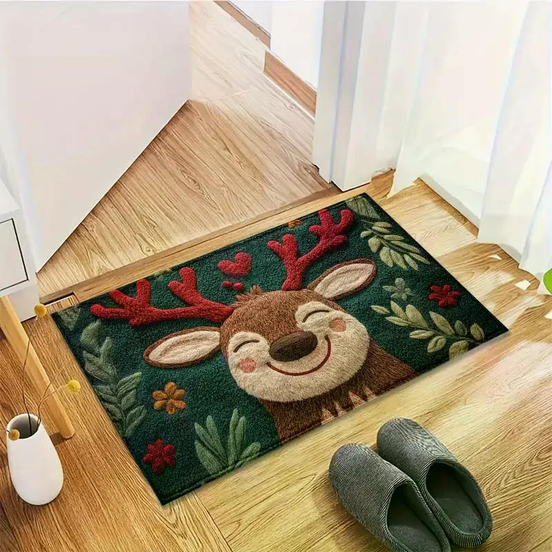 Christmas Deer Fluffy Microfiber Bath Mat - Quick-Dry & Absorbent Festive Holiday Design With Red Berries & Green Leaves