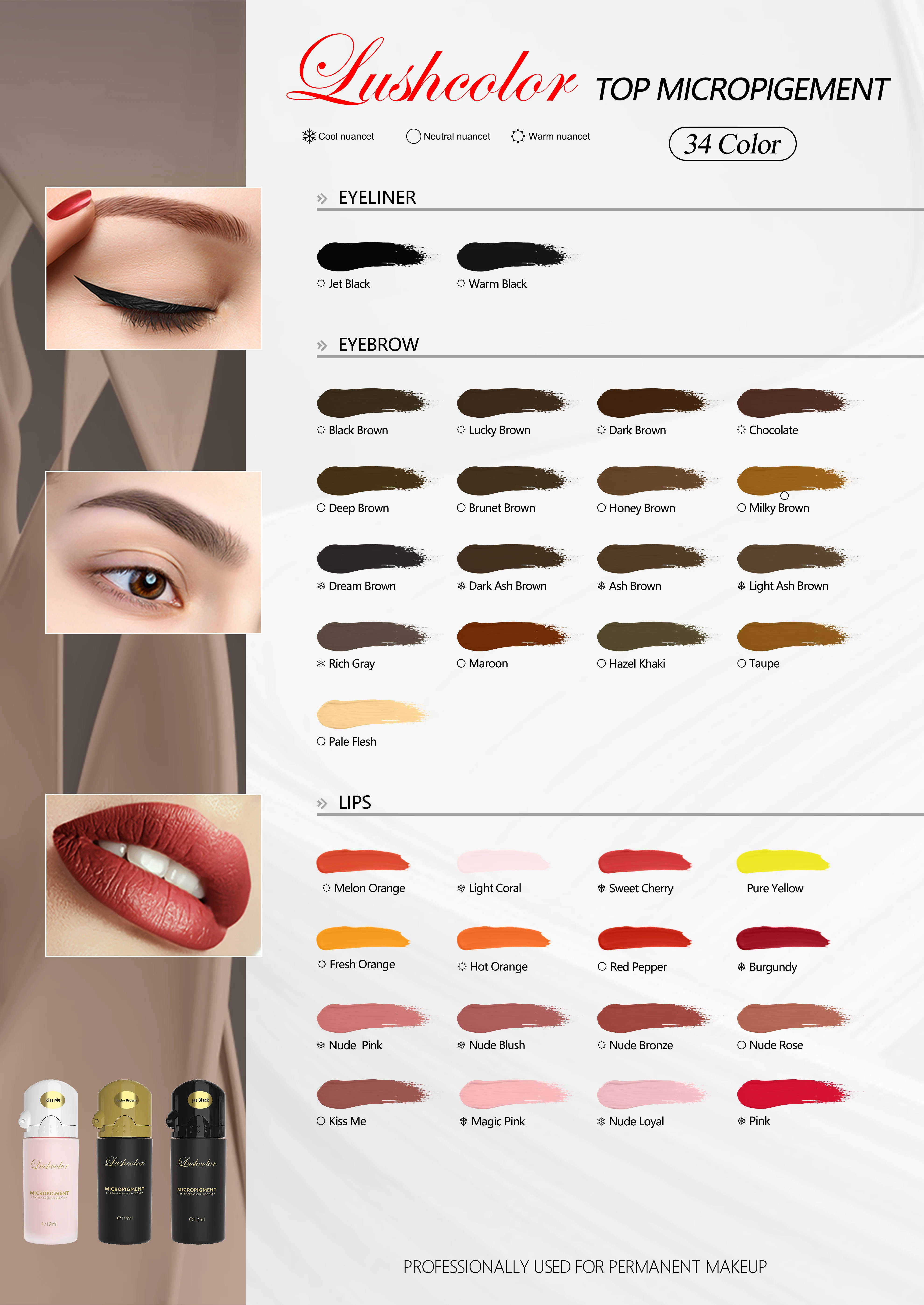 Lushcolor Top Micro Pigments แต่งหน้า Pigmento Micropigmenta PMU Tattoo Ink Eyebrow Eyeline Lip Tattoo Beauty 12ml 3 ชิ้น