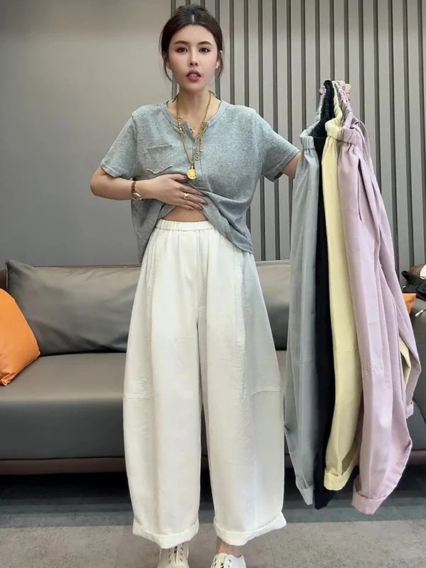 

Extra Large Size Elastic Waist Harem Pants Women's Summer Casual High Waist Wide Leg Pants Skin-friendly Breathable Non-iron