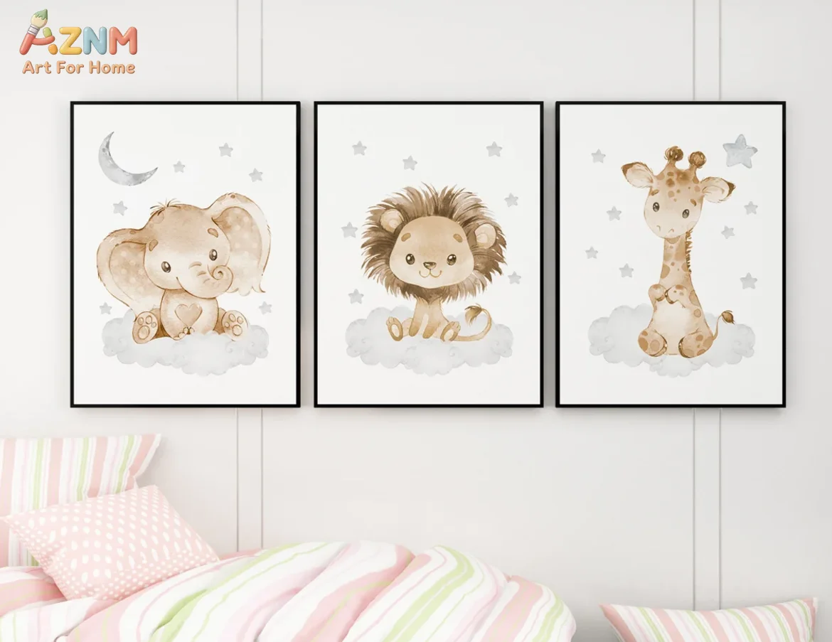 [2D Flat]1/3Pcs Canvas Poster(No Frame!!!), Watercolor Safari Animal Nursery Wall Art Set, Neutral Beige Elephant Lion and Giraf