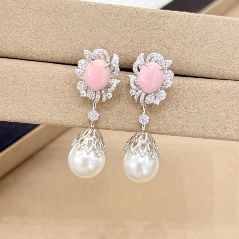 BELLUX 925 Silver Natural Pink Queen Shell Detachable Double-wear Earrings White Round Pearl Sunflower Heavy Craft Earrings