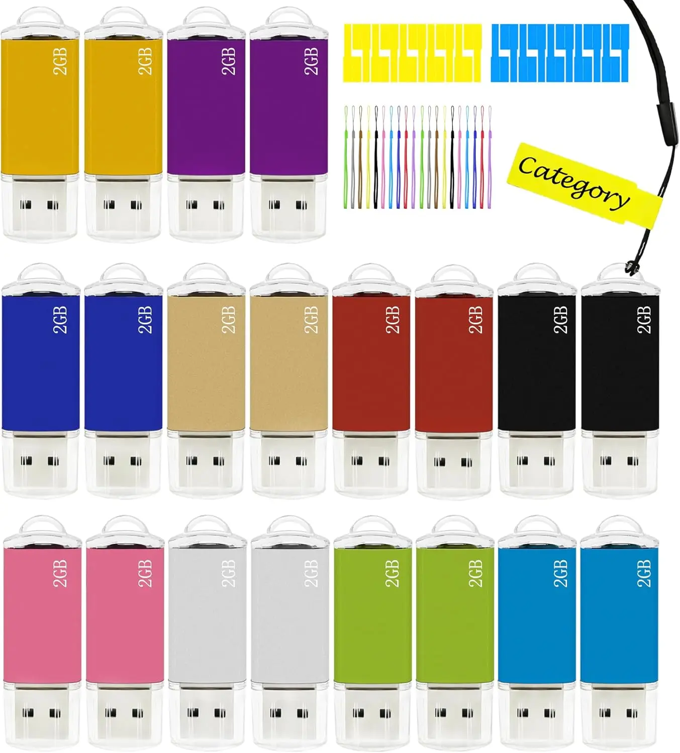 

2GB USB Flash Drive 20 Pack with Lanyard & Label, USB 2.0 Memory Stick in Mix Colors for Data Storage