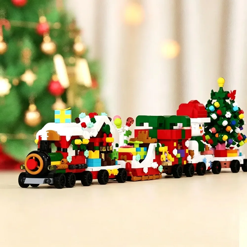 Micro Particle Building Blocks Christmas Train Assembly Bricks Christmas Tree Santa Figurine Desktop Display Ornament Holiday