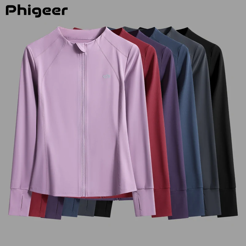 PHIGEER Women Long Sleeve Full Zip Up Workout Jacket Lightweight Running Top Thumbholes Secure Back Pocket Gym Fitness Training