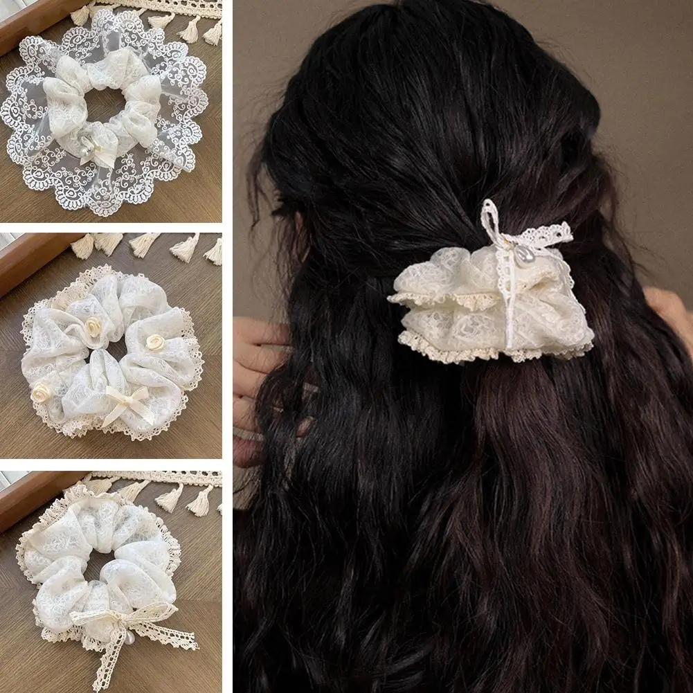 Women French Lace Pearl Rose Flower Elastics Hair Band Lady White Cream Ties Holder Hair Accessories Ponytail Scrunchies Ha E1I8