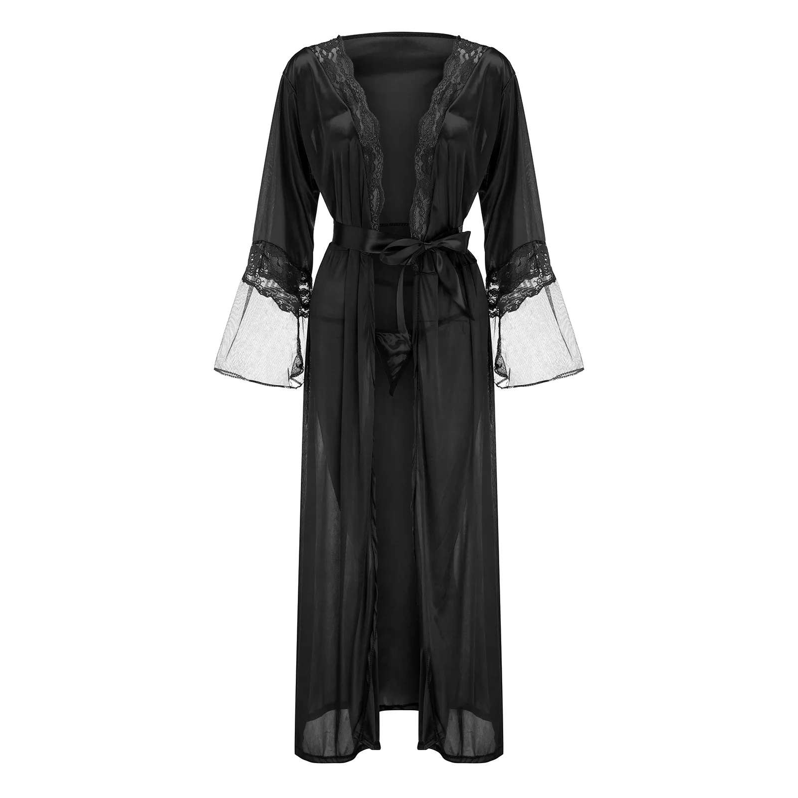 Robe Sleep Suit Sexy Lace Robe Simulation Silk Lace Long Sleepwear See Through Nightwear Gown Bathrobe Black White Nightdress