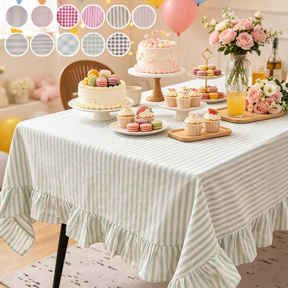 1PC Woven Ruffle Edge Square Tablecloth Cotton Blend Stripe Table Cloth with Tassel Suitable for Birthday Party Wedding Kitchen