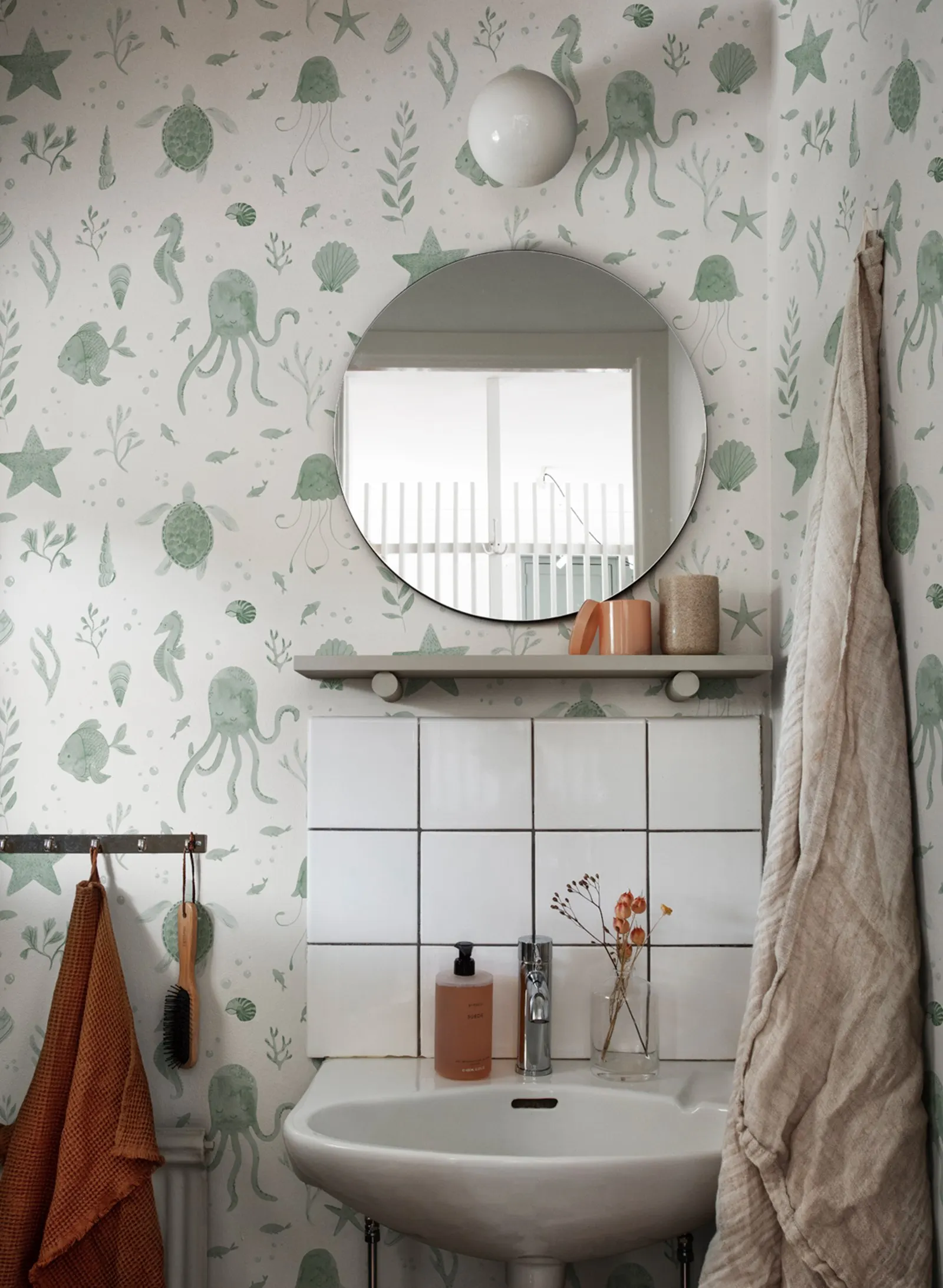 Aqua Wallpaper with Octopuses, Jellyfish. Turtles, fishes and all kinds of seashells in fresh Green, Aqua Sea lifes Wall Paper