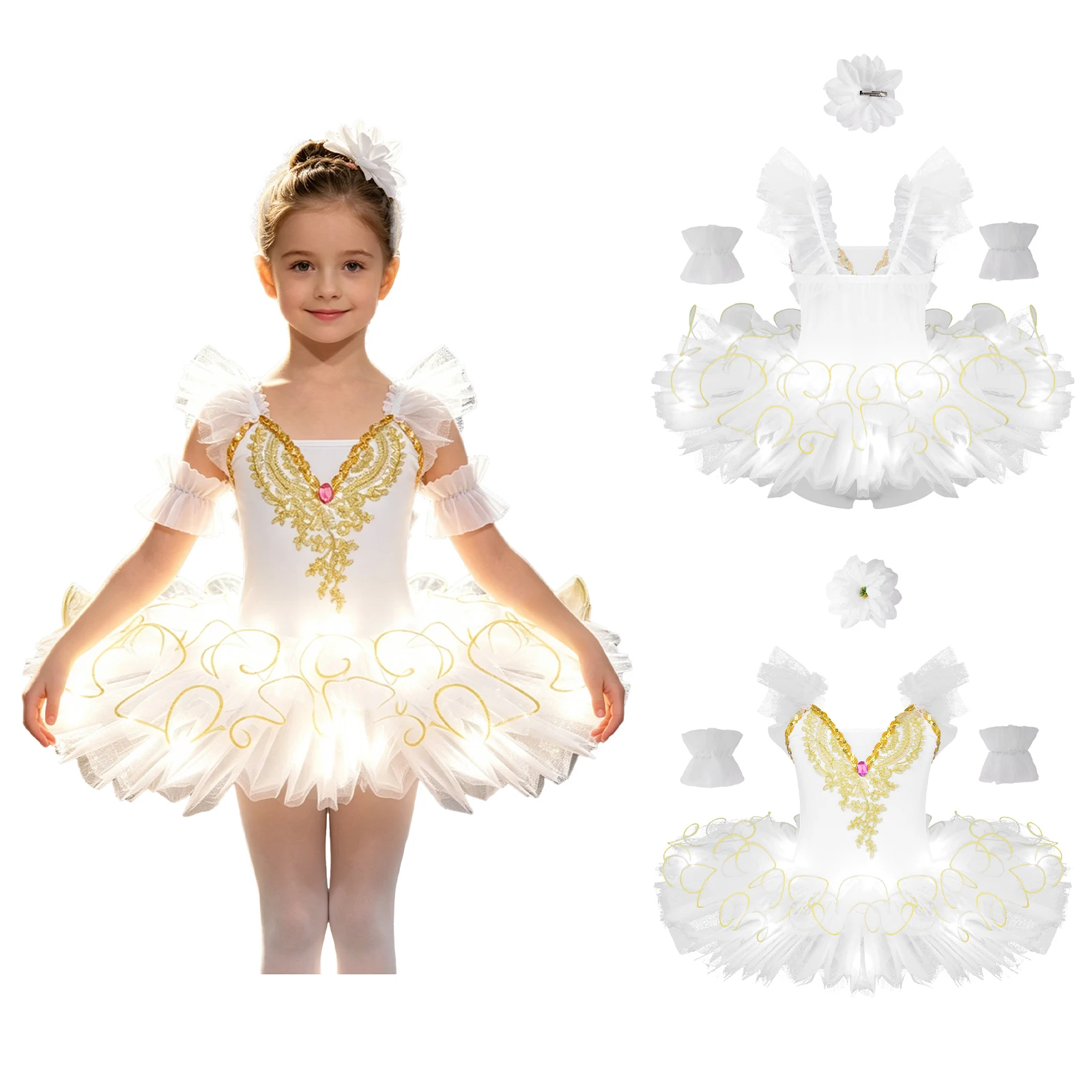 

Kids Girls Ballet Leotard Dress Ruffle Sleeve Applique Tutu Dress with Cuffs and Headwear for School Recital Spring Night Outfit