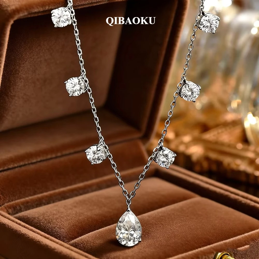 QIBAOKU WaterDrop Moissanite Necklace 100% S925 Silver Pear Diamond Pendant NeckChain for Women Gifts Wedding Fine Jewelry