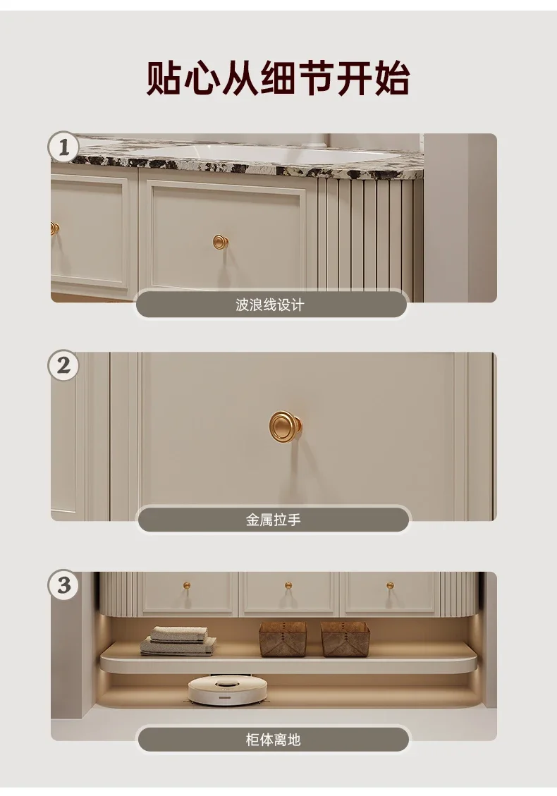 Комбинированный шкаф для ванной комнаты во французском кремовом стиле с двойной раковиной, роскошный каменный светильник, роскошный встроенный умывальник