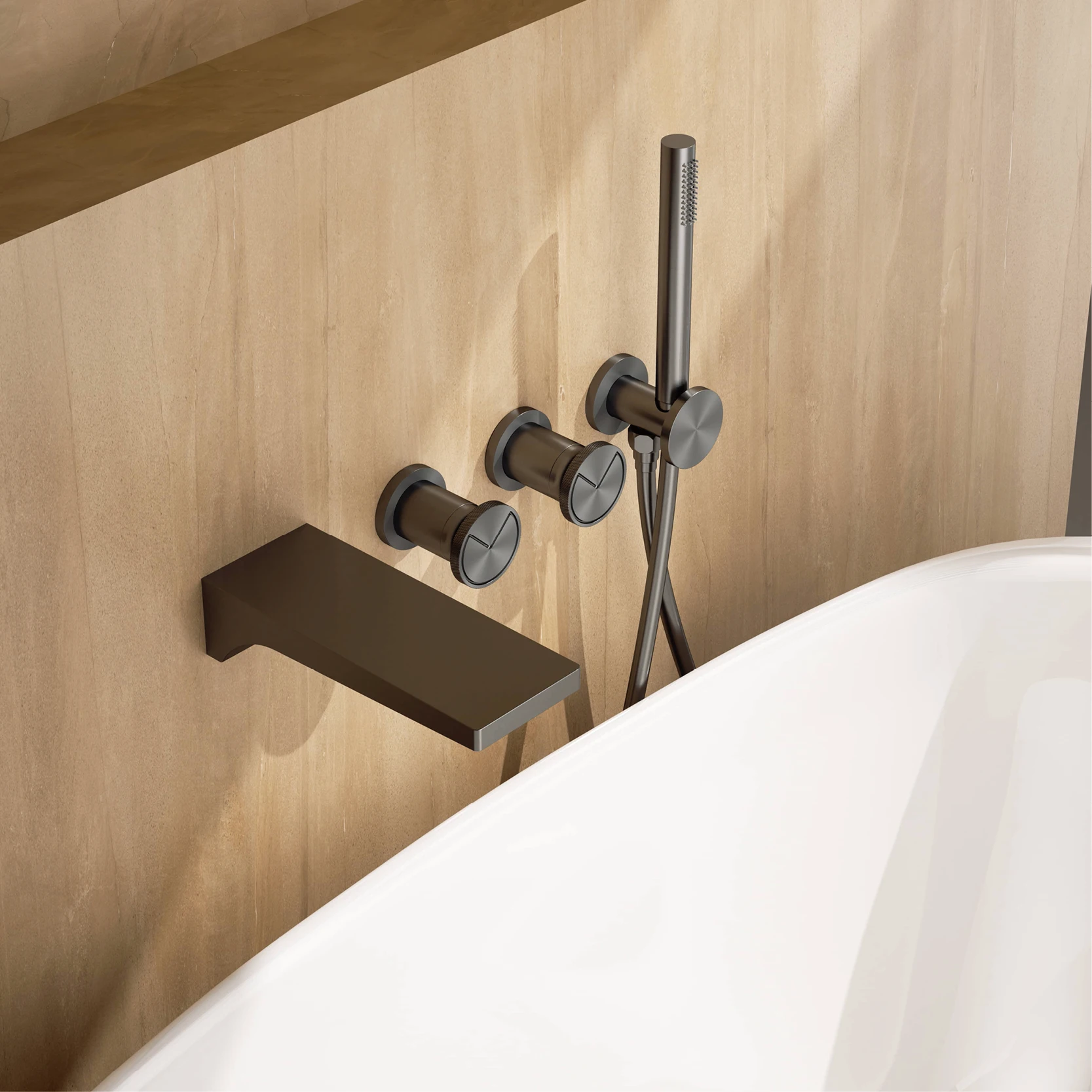 Gunmetal Grey Brass Wall Mounted Bathtub Mixer Tap Dual Handle 2 Function Hot&Cold Water Concealed Embedded Bathroom Tub Faucet