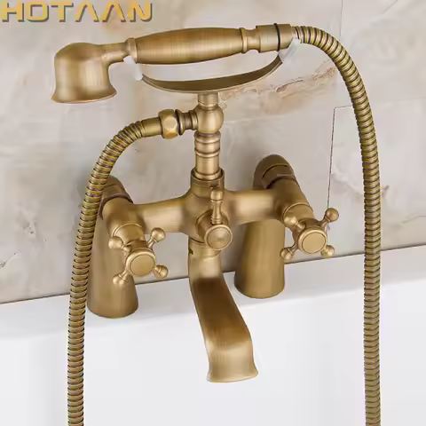 Solid Brass Made Deck Mounted Bath Tub Faucet Antique Bronze Bathtub Faucets with Hand Shower Dual Handle Mixer Crane