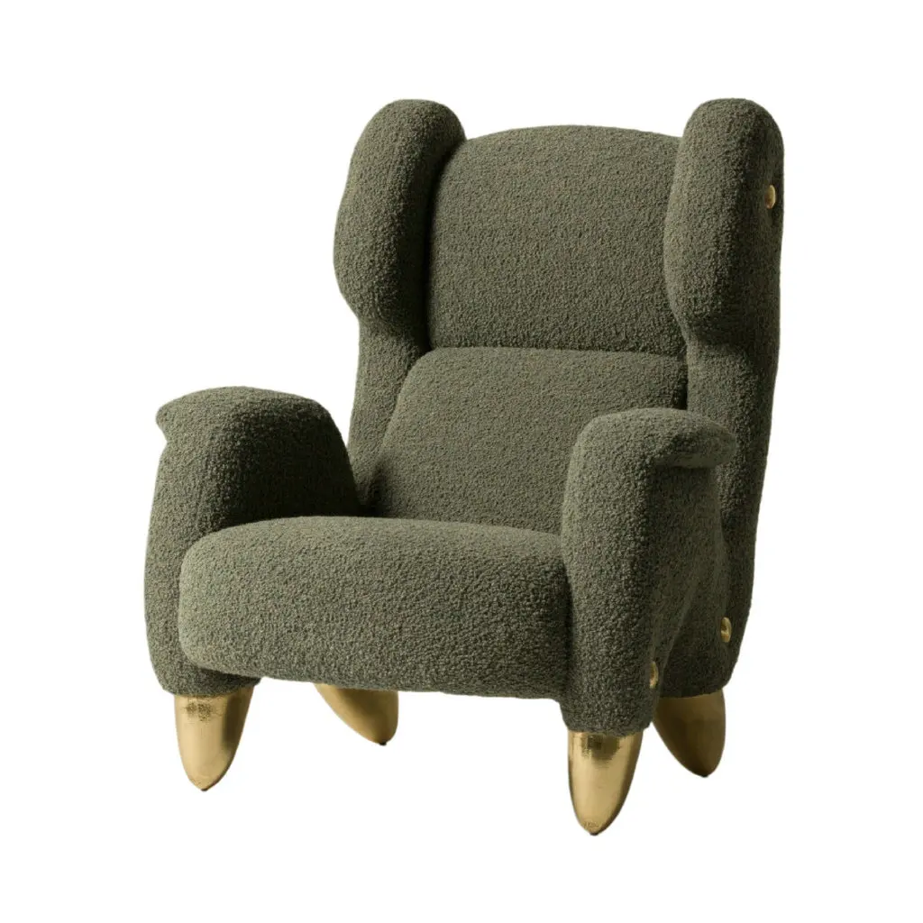 

◌a Italian Modern Living Room Boucle Fabric Wooden Wingback Armchair Teddy Upholstered Cheaper Armchairs for Bedroom