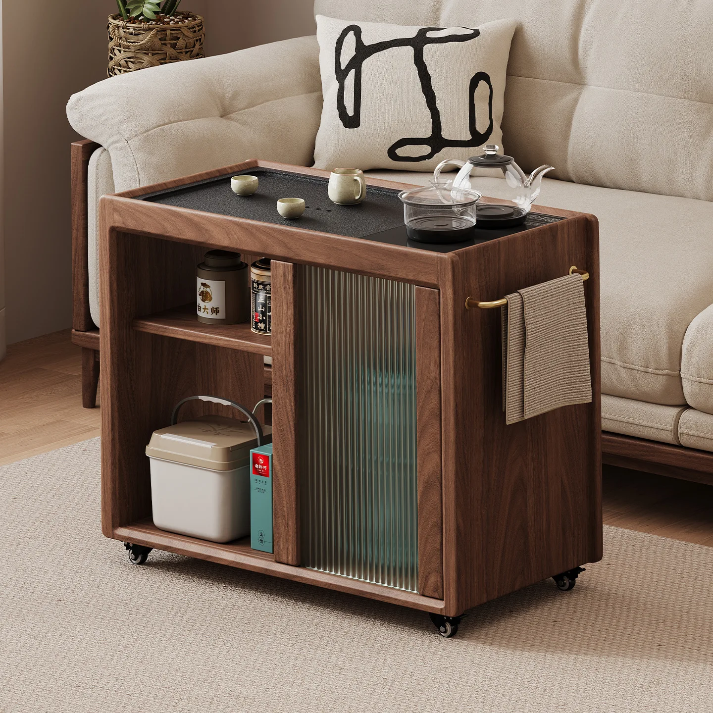 Walnut removable solid wood sofa side cabinet household tea cabinet tea set ebony tea table storage