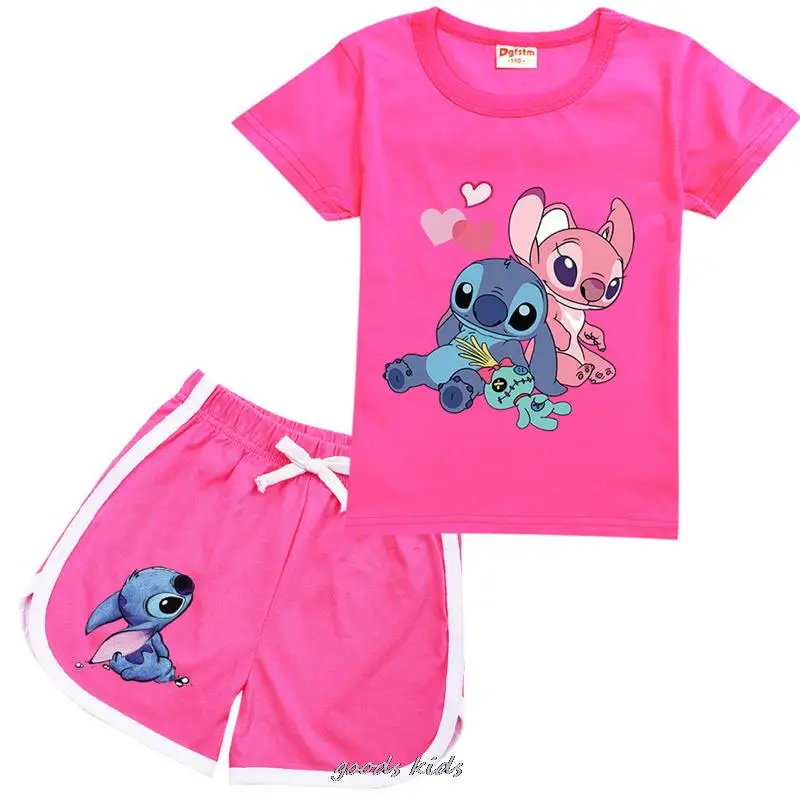 Lilo And Stitch Children T-shirt Summer New Kids Girls Clothing of Cotton Children\'s Short-sleeved Pants Two-piece Suit 2-16Y