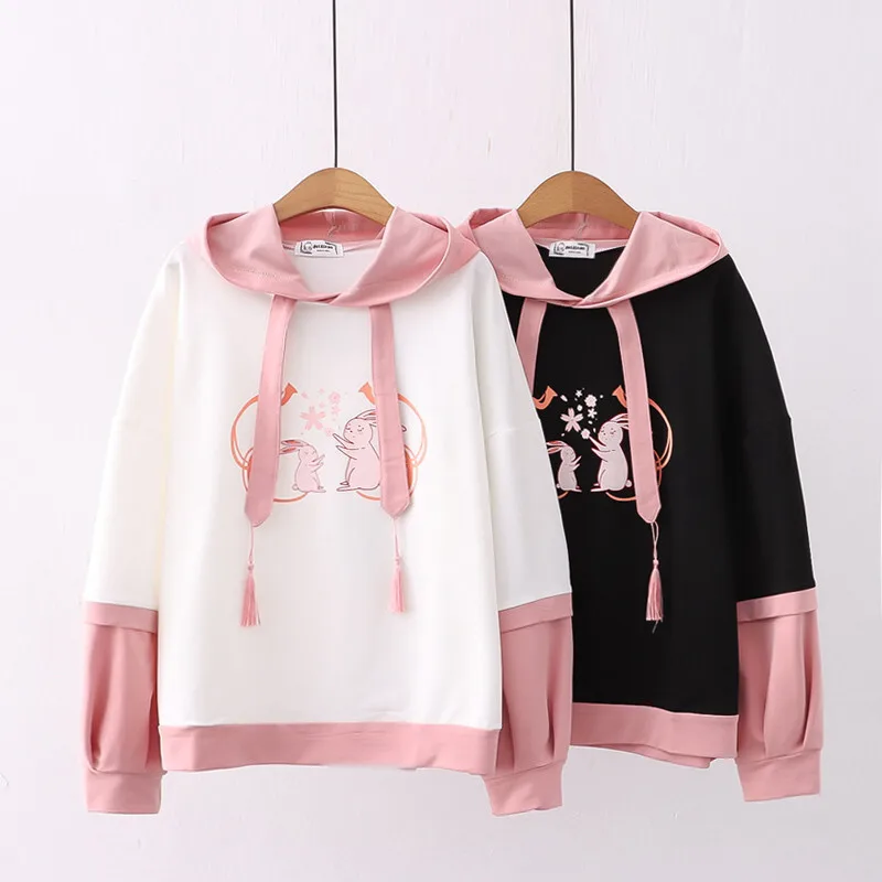 

Preppy Hoodie Fake Two Piece Hooded Sweatshirt Patchwork Pullovers Women Cute Clothes Teens Y2K Harajuku Sakura Rabbit Print Top