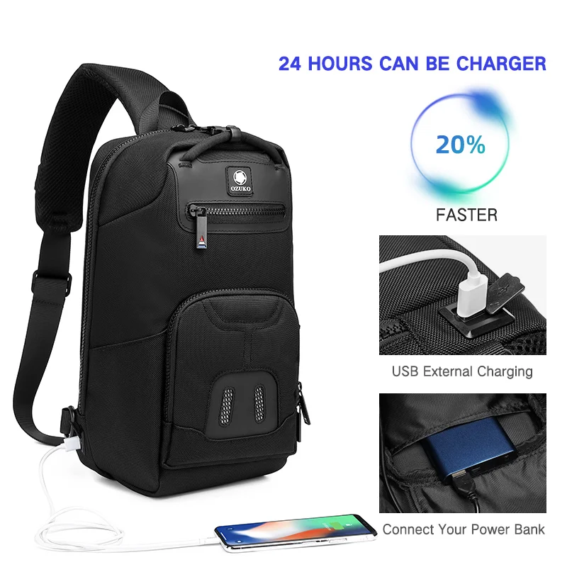 Ozuko-Sacos Crossbody impermeáveis para adolescente, bolsa de ombro para homens, bolsa de peito multi bolso, mensageiro masculino, bolsa de viagem USB, qualidade