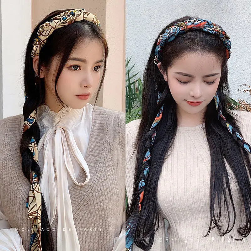 Retro chain satin fabric streamer tied hair one system braided hair headband headdress