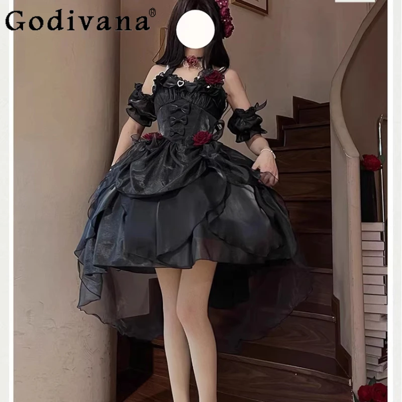 

New Black Lolita Banquet Elegant Princess Slip Dress Fashion High Waist A-line Versatile Age-Reducing Dark Cake Fairy Dresses