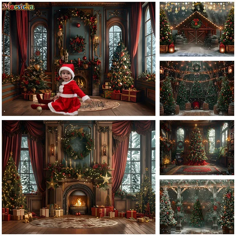 

Mocsicka Christma Photography Background Xmas Tree Living Room Fireplace Backdrop New Year's Eve Party Photo Banner Studio Prop