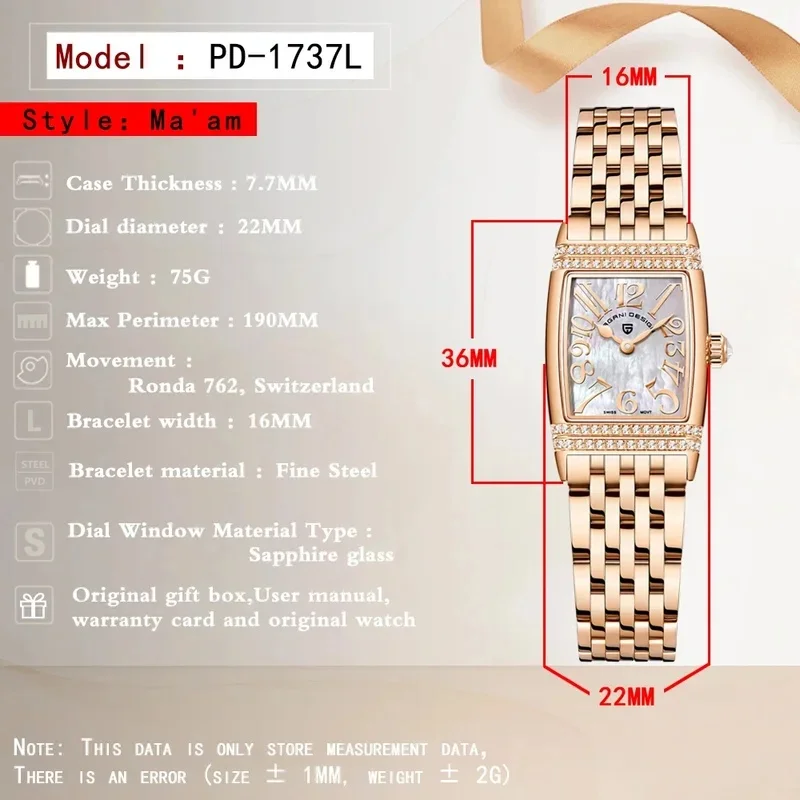 PAGANI DESIGN PD1737 Women's Luxury Fashion Quartz Watch, Swiss Ronda Movement, Sapphire Crystal, Stainless Steel Case, Waterpro