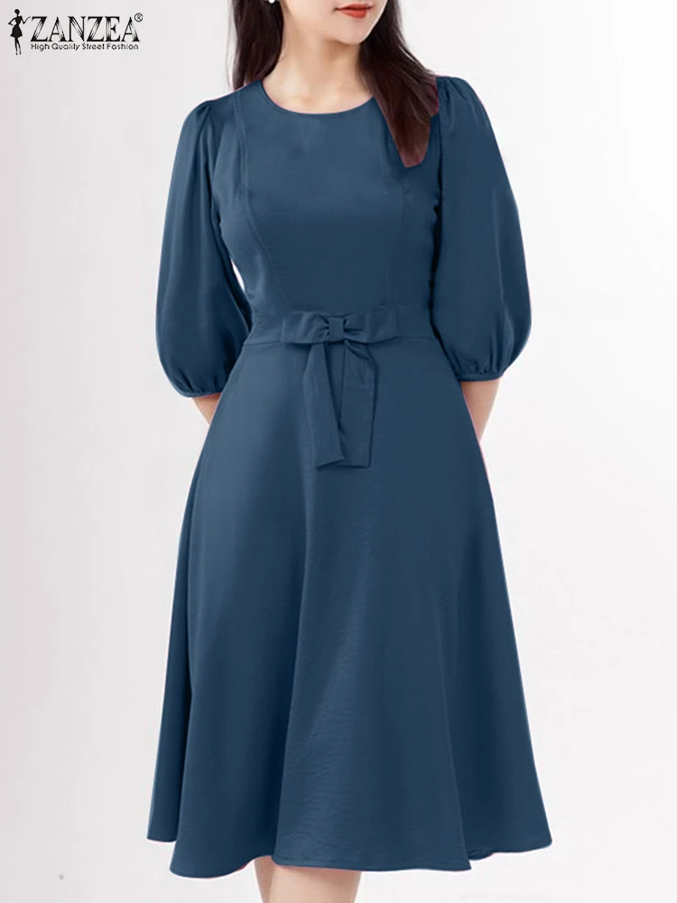 ZANZEA élégant manches courtes bouffantes robes mi-longues femmes élégant robe de soirée été décontracté solide OL travail robe d'été une ligne robe 2025